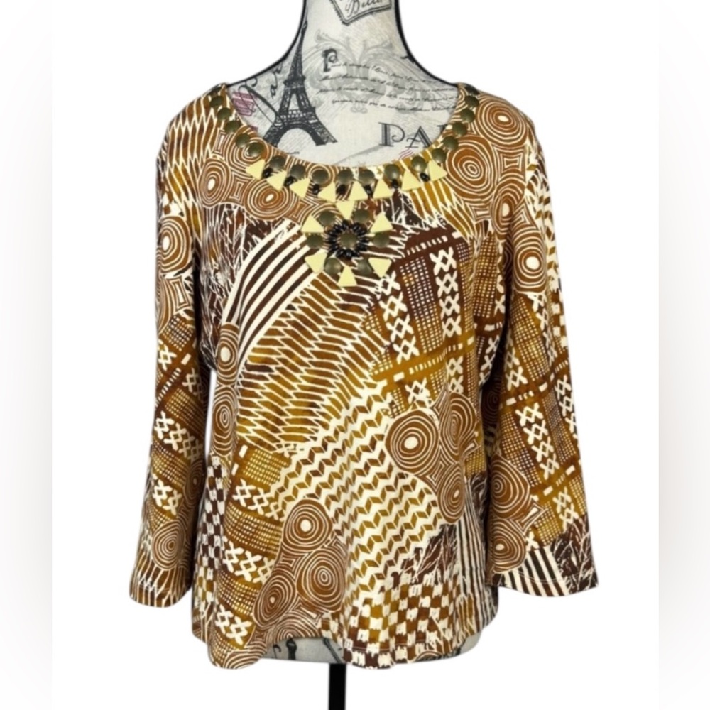 Ruby Rd. Women's Abstract Pattern Blouse in Brown and Tan 3/4 Sleeve Size M